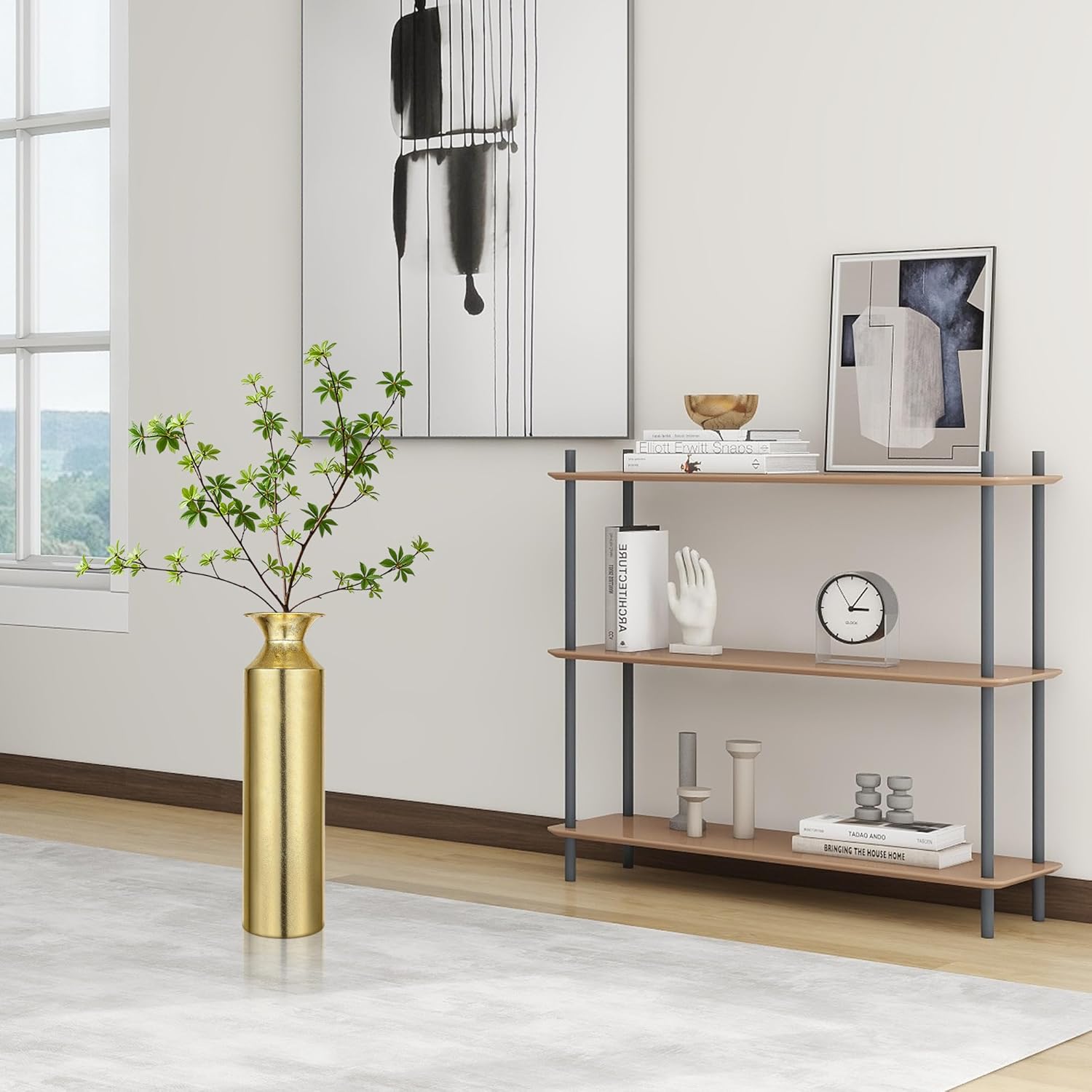 Gold Tall Floor Vase 21.65in Metal Decorative Flower Bucket Vases for Twigs Branches Dried Flowers Home Decor Housewarming Gift for Spa Reiki Meditation Settings O5 (Gold vase-L)